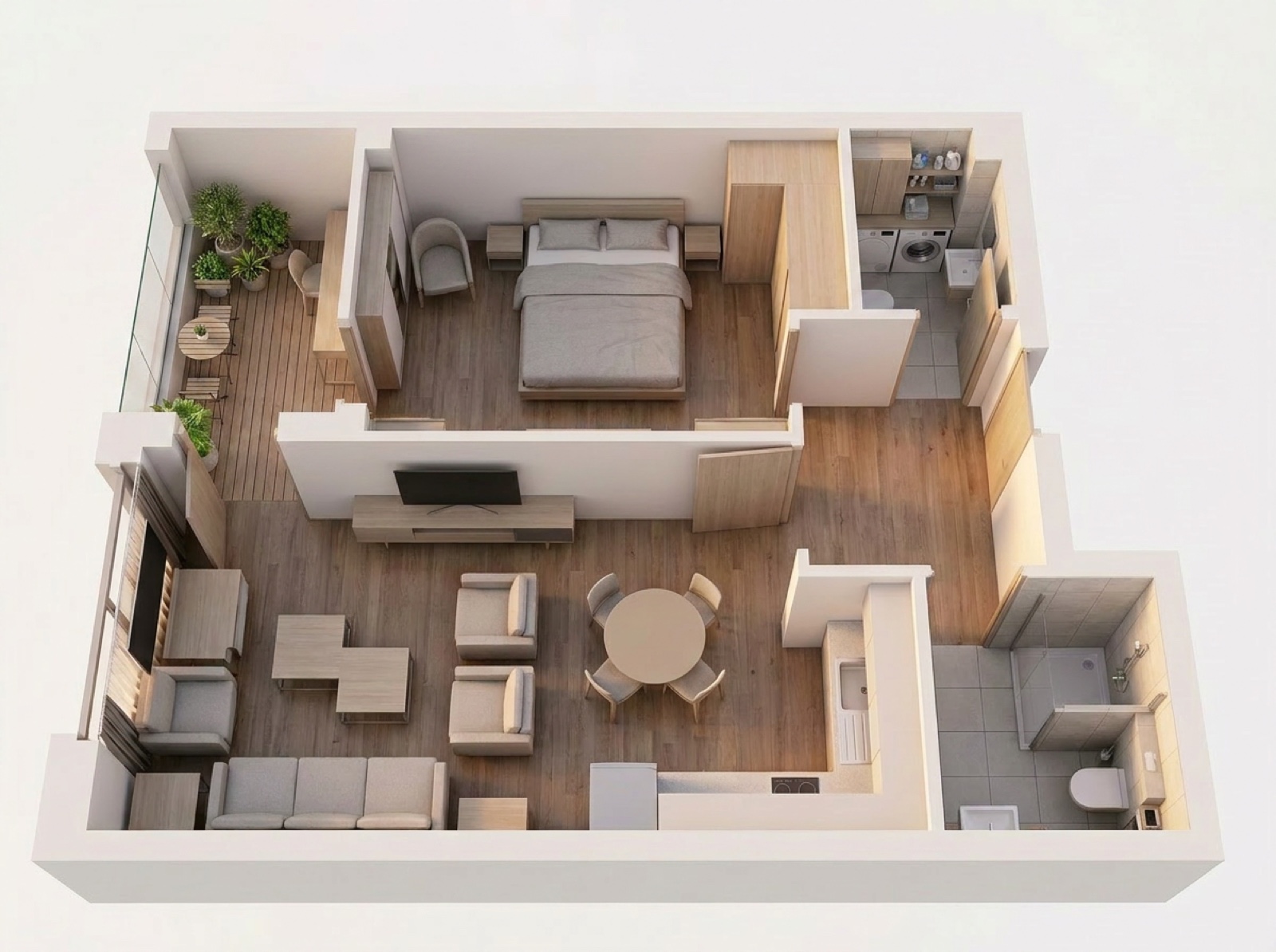 Top-down 3D rendering of a furnished apartment with labeled rooms